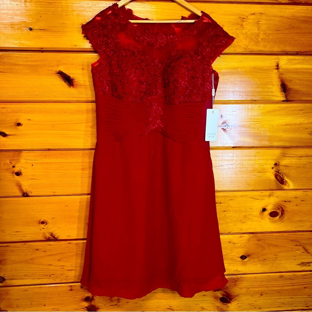 Chic Burgundy Lace Chiffon Embroidered Bridesmaid Midi Wedding Dress 16W